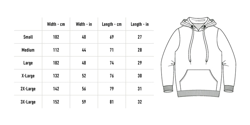 Size chart for Experiment Hoodie - Black