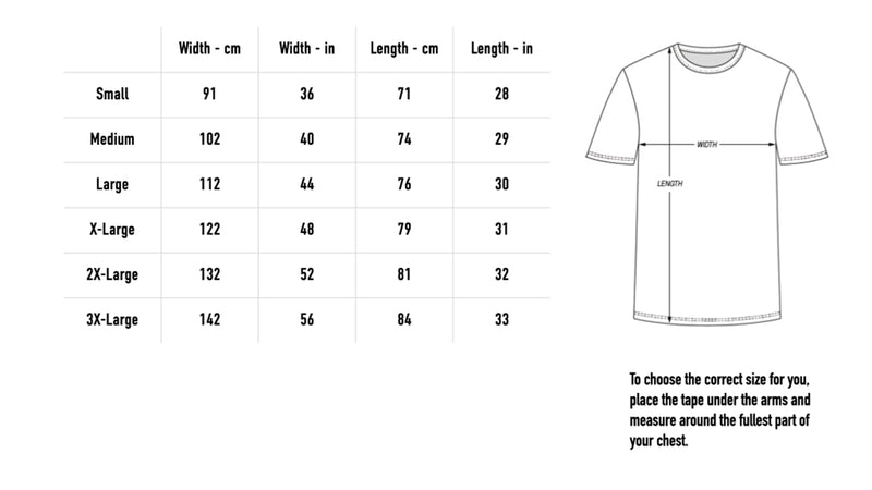 Size chart for Experiment T-shirt - White
